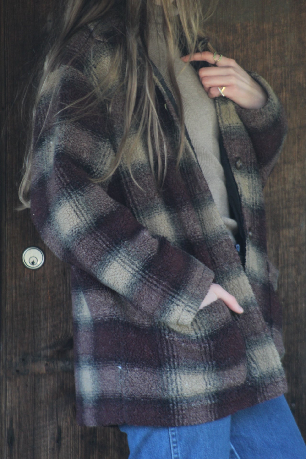 Vintage Eddie Bauer Brown Plaid Fleece Button-Up - Size Large