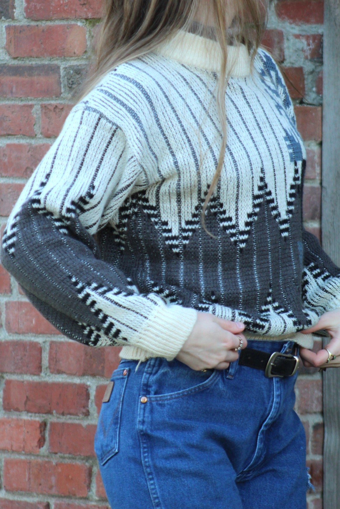 Vintage Cream and Blue Geometric Knit Sweater - Size Small