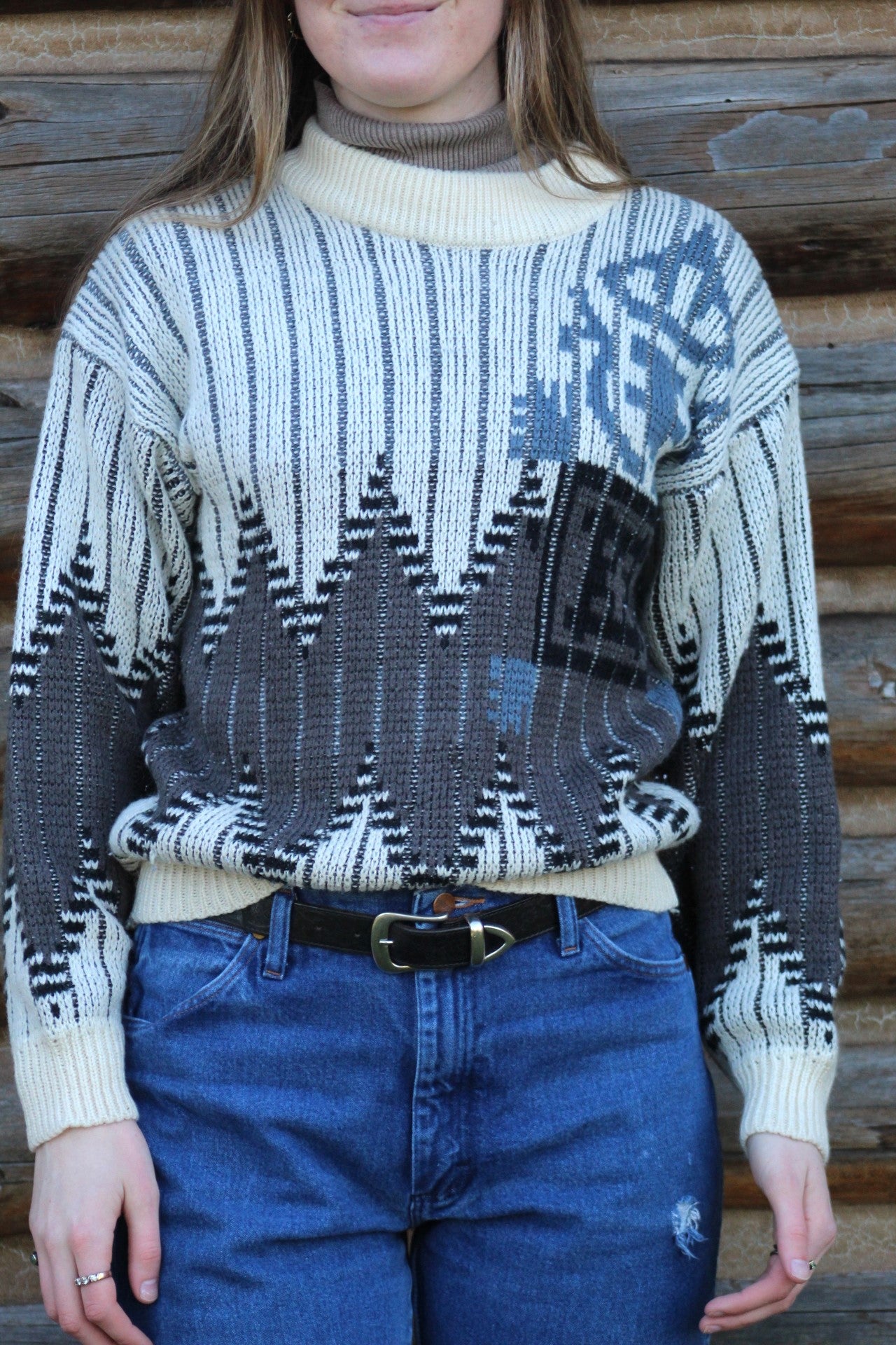 Vintage Cream and Blue Geometric Knit Sweater - Size Small