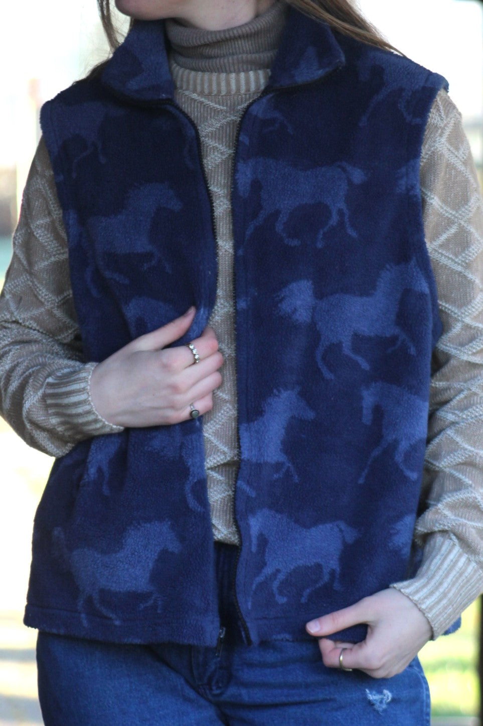 Navy Blue Horses Fleece Zip-Up Vest - Size XL