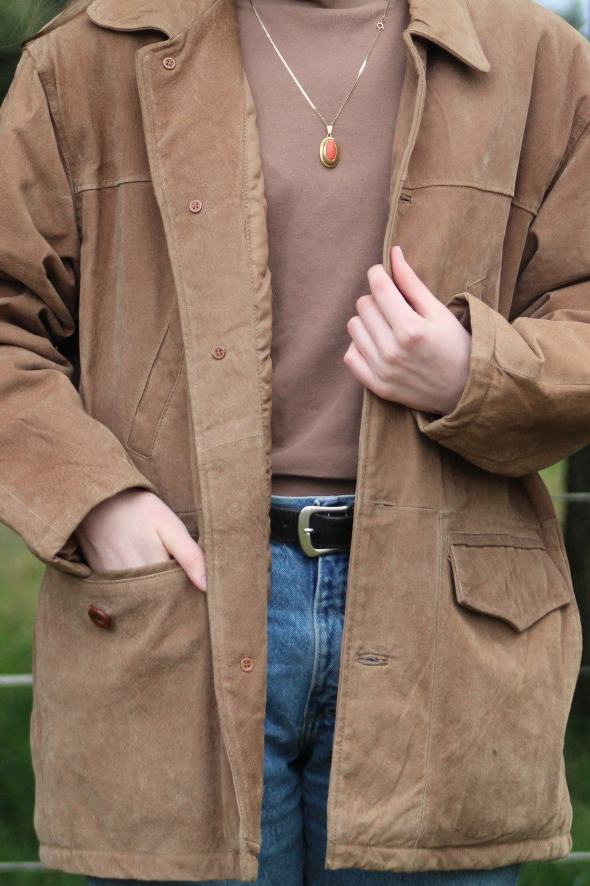 Vintage Tan Suede Jacket w/ Quilted Lining - Size Large