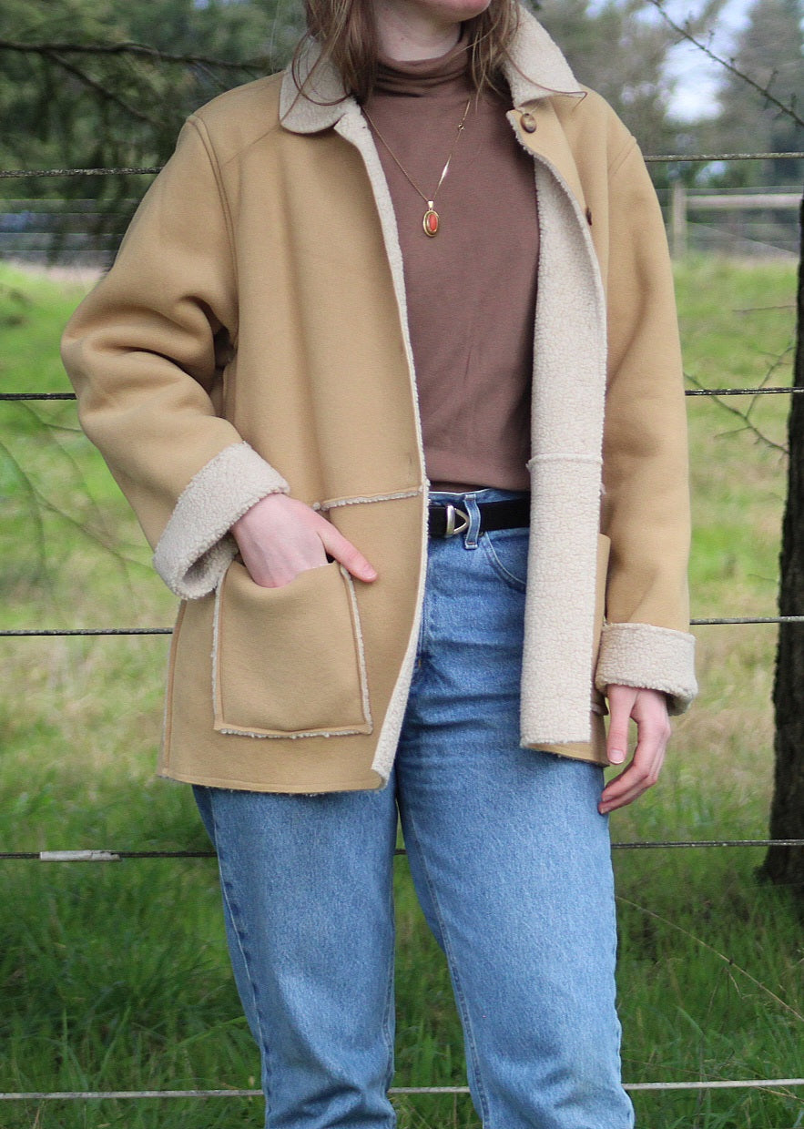 Lightweight Faux Shearling Tan Button-Up Jacket - Size Large
