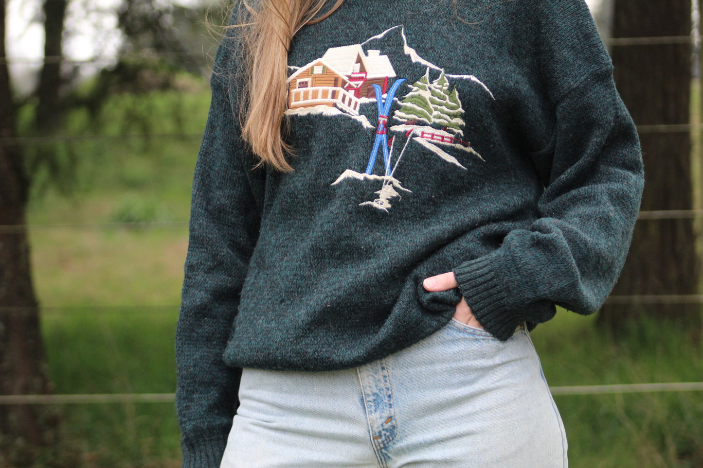 Vintage Ski Cabin Wool-Blend Knit Sweater - Size Large