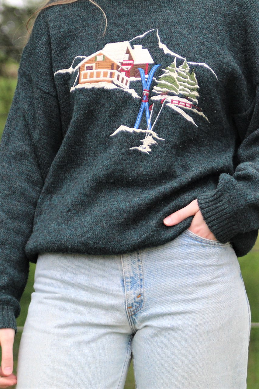 Vintage Ski Cabin Wool-Blend Knit Sweater - Size Large