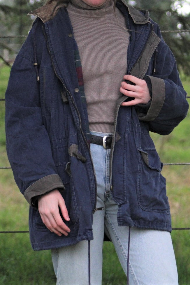 Flannel-Lined Navy Blue 100% Cotton Canvas Chore Coat - Size Large