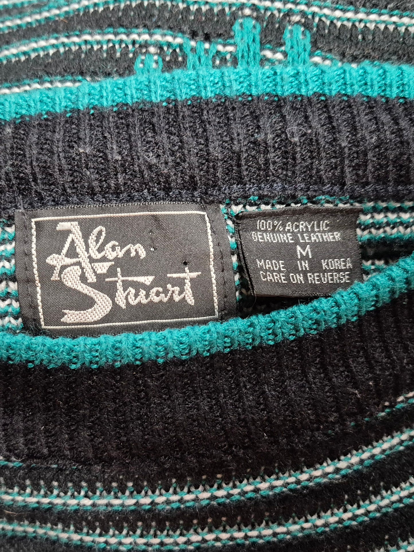 Vintage Western Teal And Black Knit Sweater w/ Leather Details - Size Medium