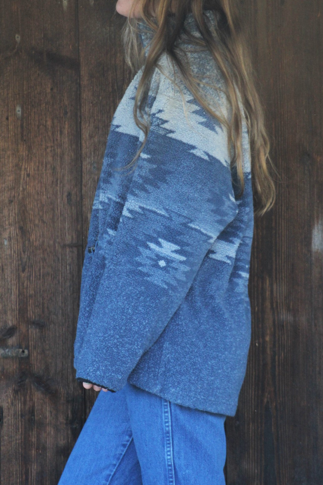 Vintage Blue Aztec Fleece Zip-Up Jacket - Size Large