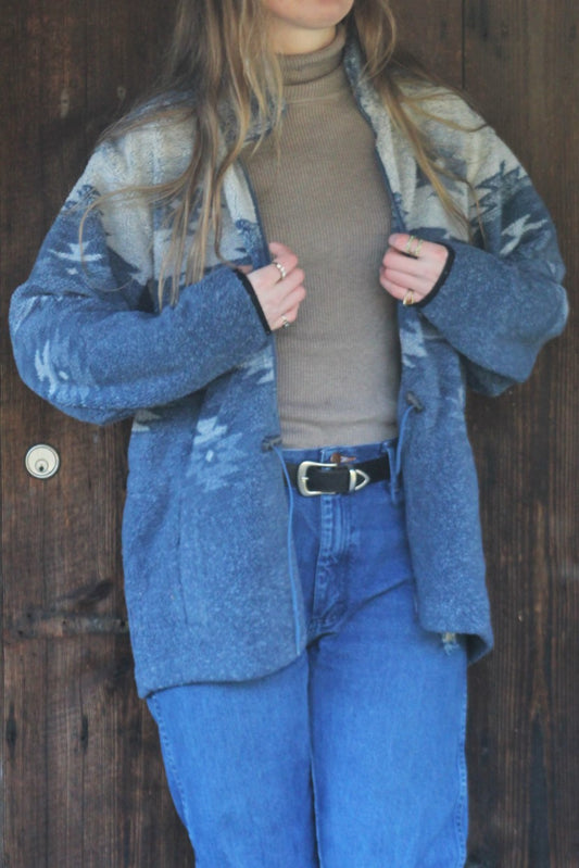 Vintage Blue Aztec Fleece Zip-Up Jacket - Size Large