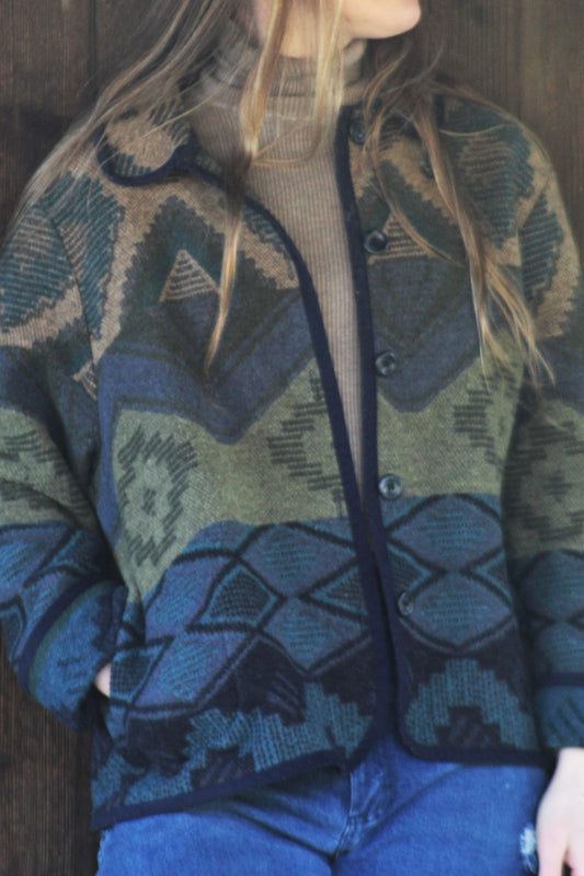 Vintage Wool-Blend Woven Aztec Print Jacket - Size XL