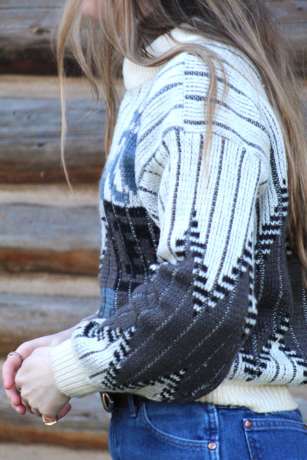 Vintage Cream and Blue Geometric Knit Sweater - Size Small