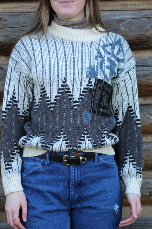 Vintage Cream and Blue Geometric Knit Sweater - Size Small