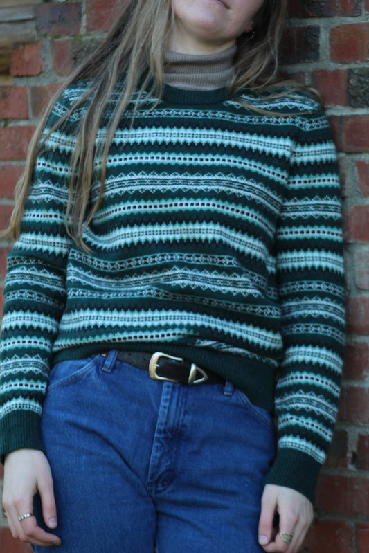 Vintage Western Wool-Blend Green And White Knit Sweater - Size Small
