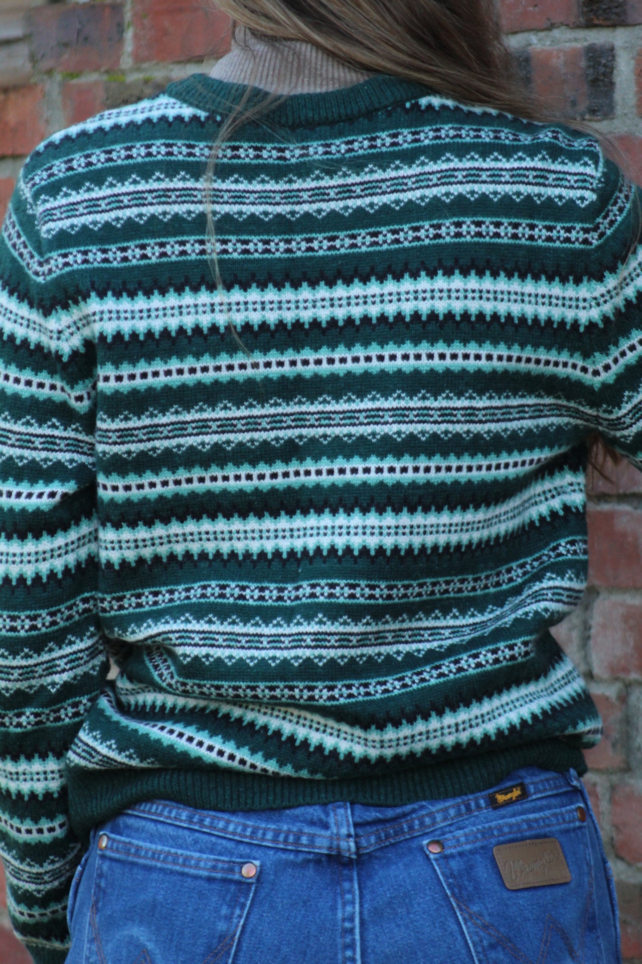 Vintage Western Wool-Blend Green And White Knit Sweater - Size Small