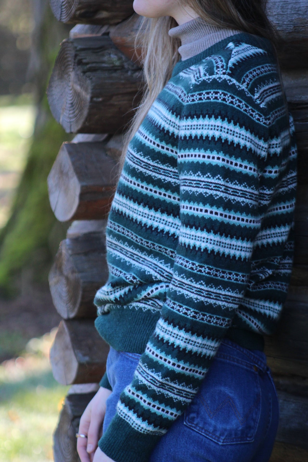 Vintage Western Wool-Blend Green And White Knit Sweater - Size Small