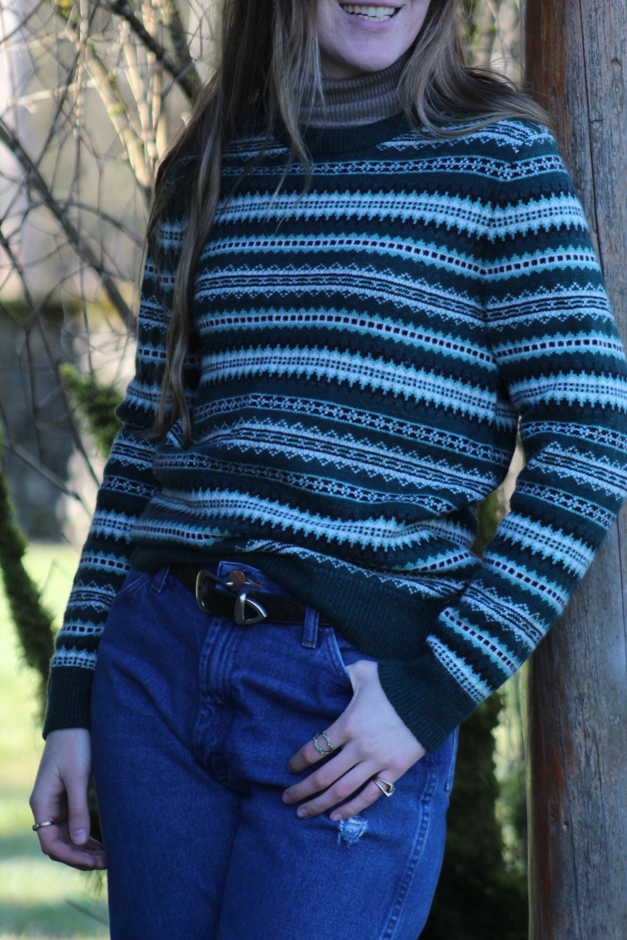 Vintage Western Wool-Blend Green And White Knit Sweater - Size Small
