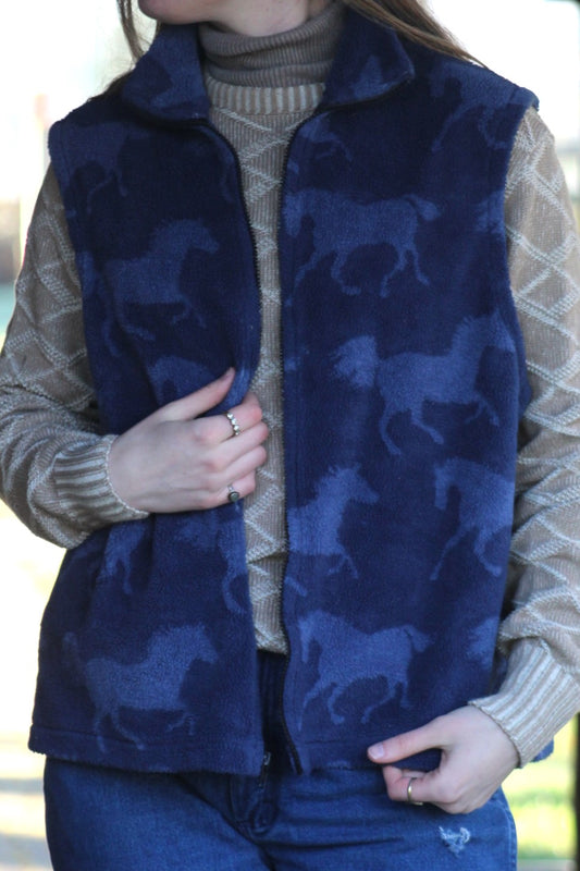 Navy Blue Horses Fleece Zip-Up Vest - Size XL