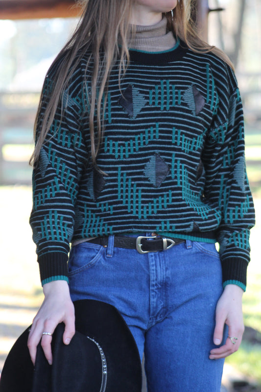 Vintage Western Teal And Black Knit Sweater w/ Leather Details - Size Medium
