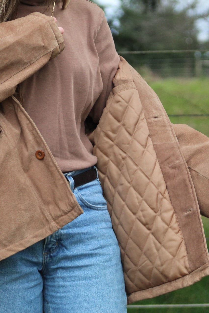 Vintage Tan Suede Jacket w/ Quilted Lining - Size Large