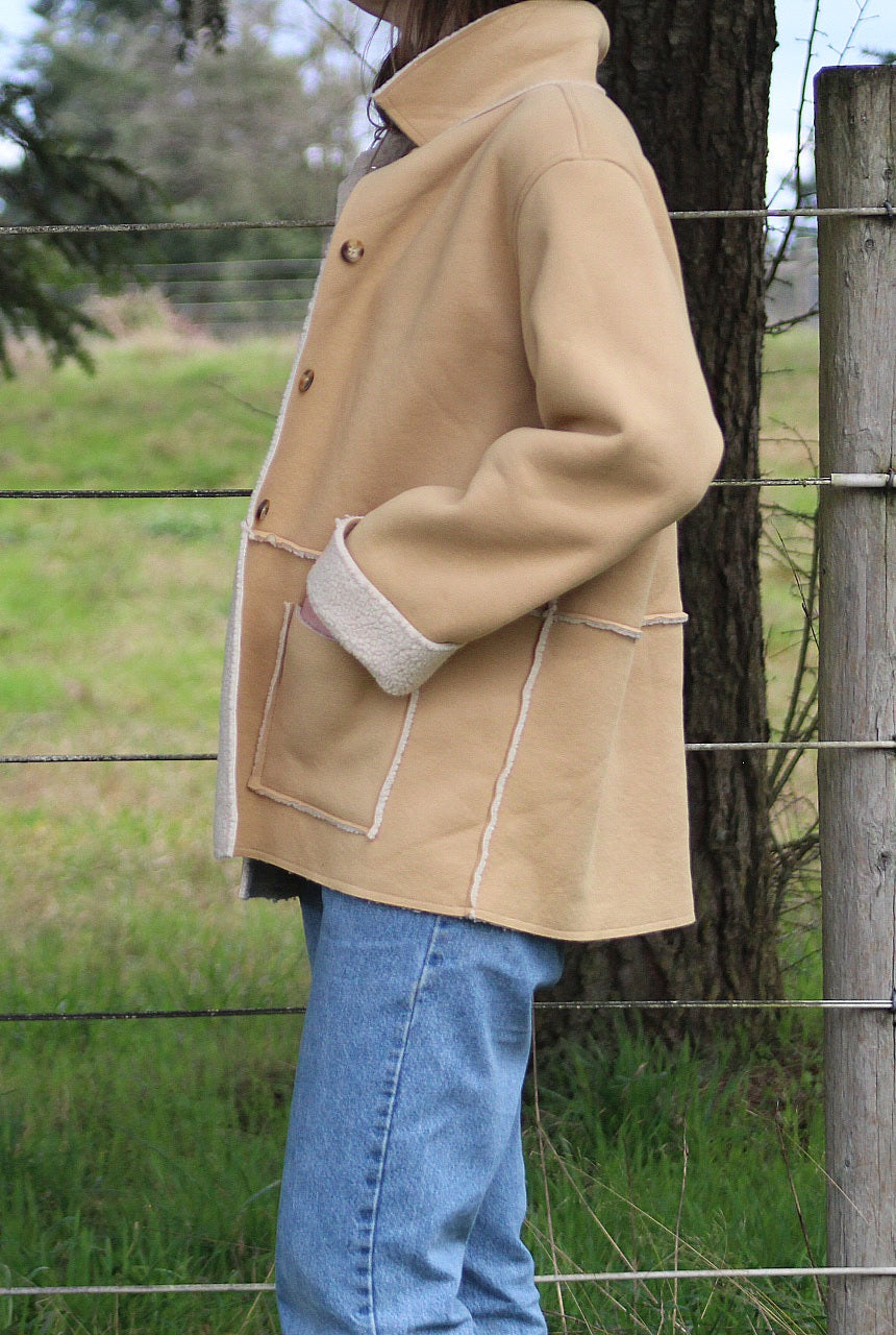 Lightweight Faux Shearling Tan Button-Up Jacket - Size Large