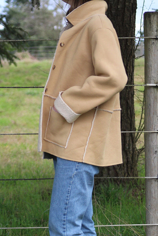 Lightweight Faux Shearling Tan Button-Up Jacket - Size Large