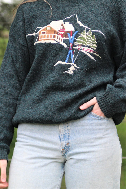 Vintage Ski Cabin Wool-Blend Knit Sweater - Size Large