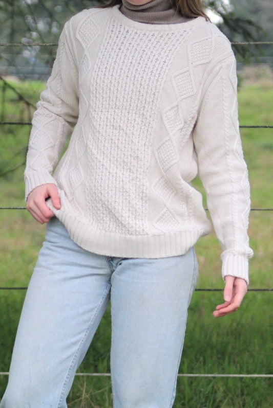 Vintage 100% Cotton Cable-Knit Sweater From Maine, USA - Size Large