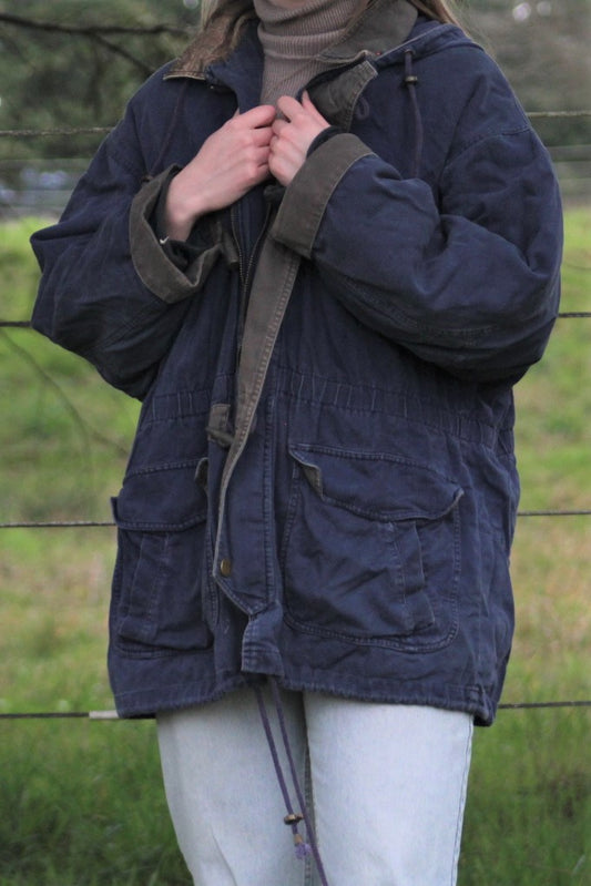 Flannel-Lined Navy Blue 100% Cotton Canvas Chore Coat - Size Large